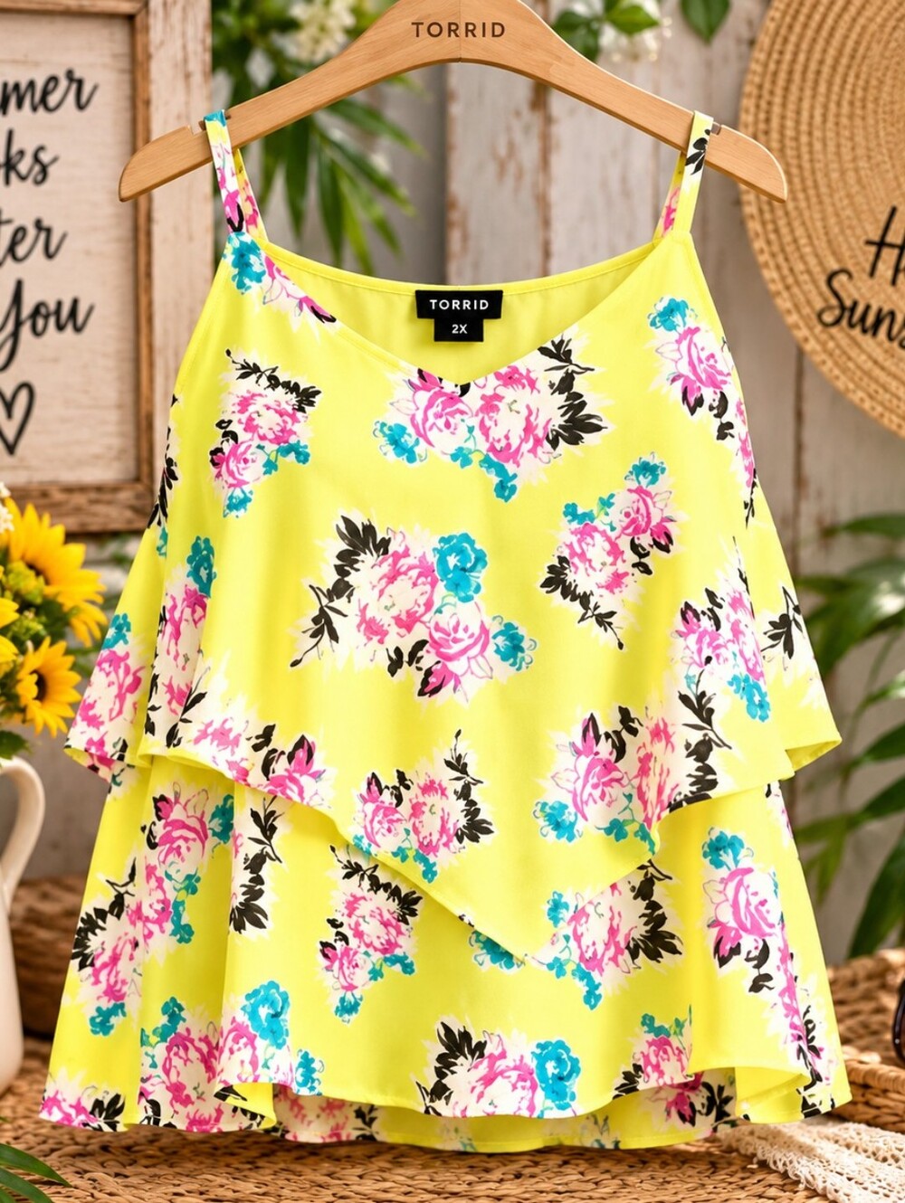 Torrid Floral Tiered Top 2X Yellow Tank Euro Summer Ruffle Feminine Tropical 80s